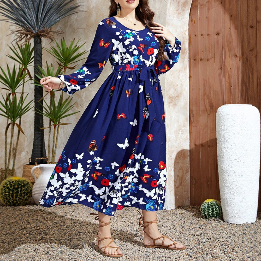 Plus Size Rafiah Women's Summer Long Dress 2025 Elegant Round-Neck Long Sleeve A-Line Maxi Butterfly Print Dating Dress