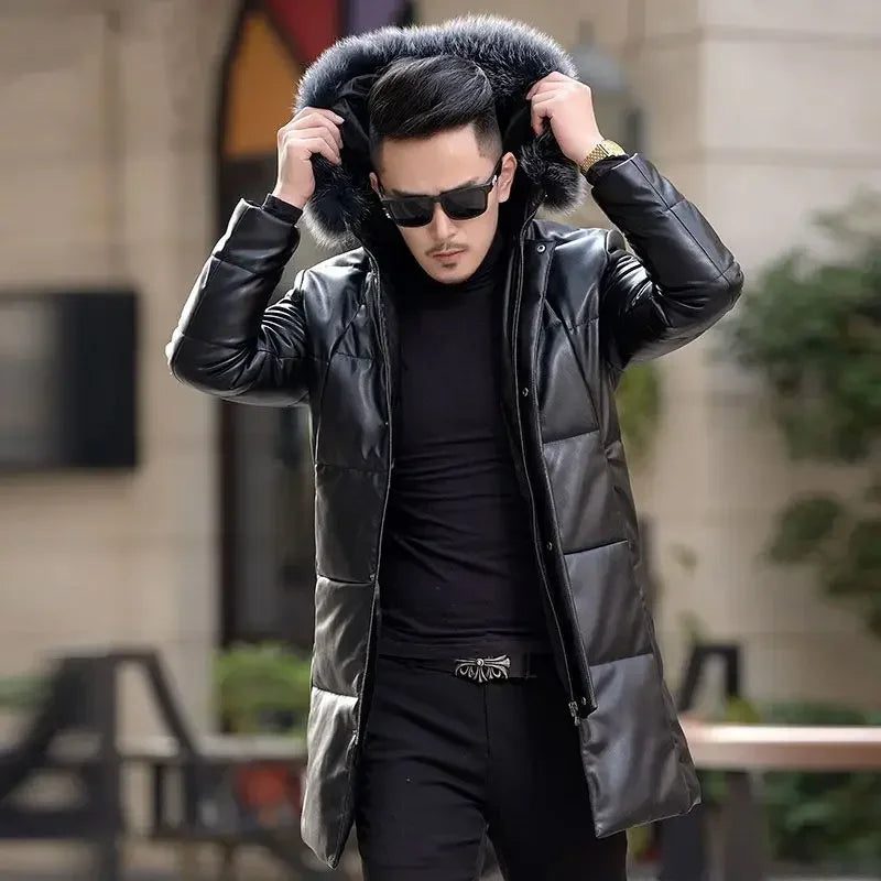 Down Jacket Genuine Leather Jacket Men's Mid Length Slim Fit Hooded Sheepskin Coat Man Puffer Jacket Winter Thicken Windbreaker