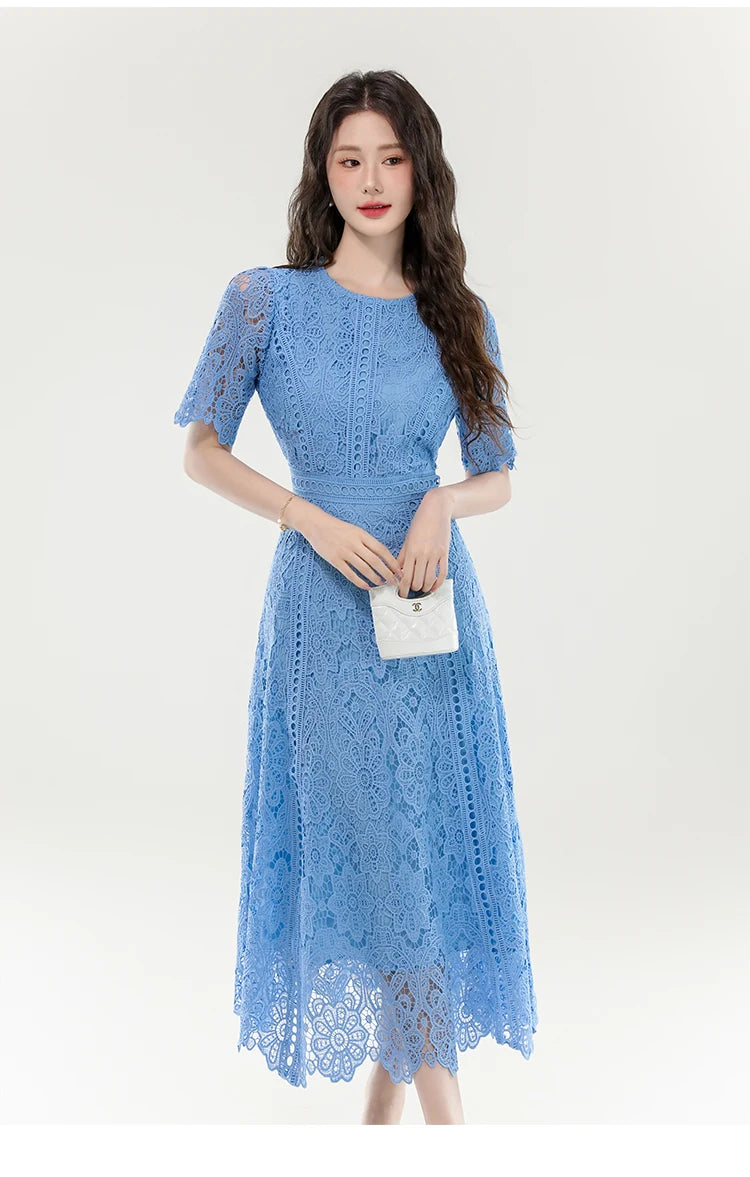 2025 New Summer French Elegant Fashion Evening Dress Women Lace Hollow Out Crochet Party Dress Casual Chic Holidays Clothing