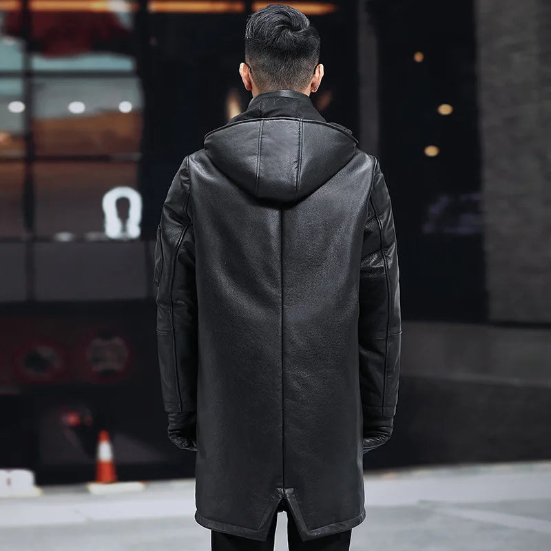 Men's Leather Down Coat, Mid Length, Hooded, Thick Warm Jacket, Large Size Outerwear, Business Male Coat, Winter