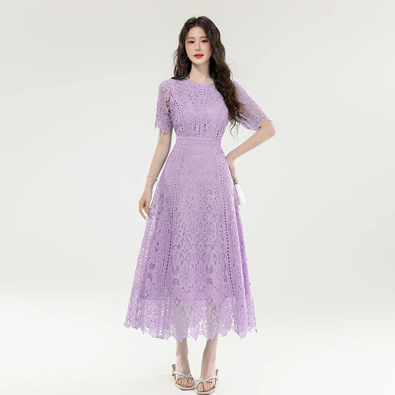 2025 New Summer French Elegant Fashion Evening Dress Women Lace Hollow Out Crochet Party Dress Casual Chic Holidays Clothing