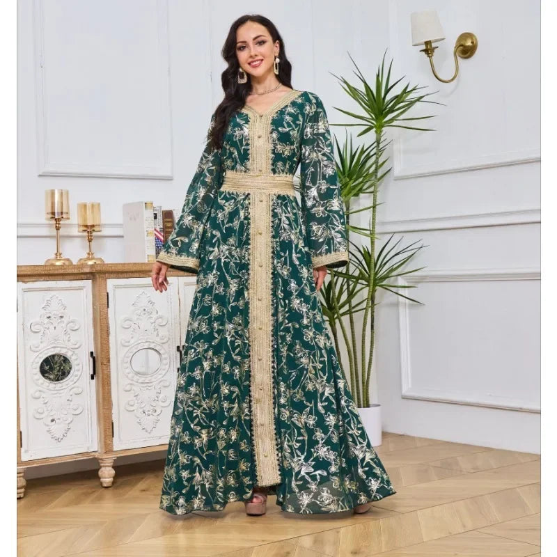 KAF Dubai Luxury Evening Party Dress 2025 Spring Fall New V-neck Long Sleeve Retro Printing Design Loose Large Size Female Abaya