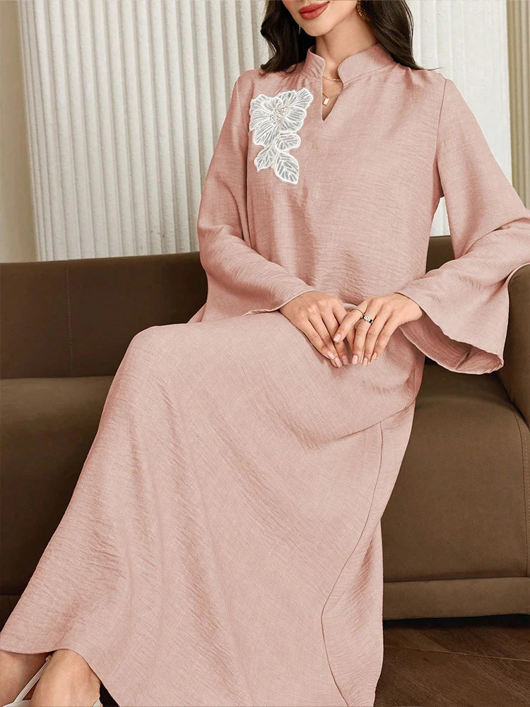 Rafiah Women's Even Dress 2025 Modest Fashion Embroidery Long Sleeve Half Open Neck Midi Kaftan Jalabiya Long Dress