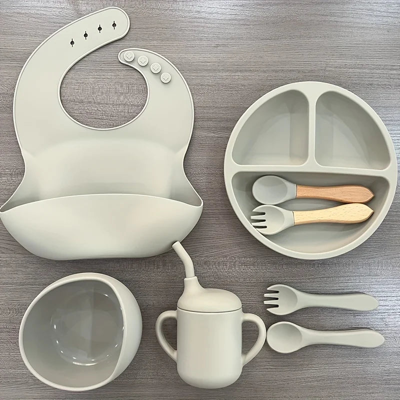 Silicone Baby Feeding Set Microwave Oven Safe for 0-3 Years Includes Suction Plate Soft Bowl Spoons Forks Bib Snack Cup