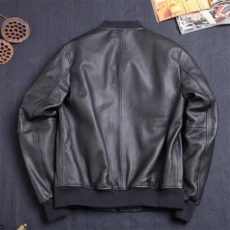 Men's Classic MA-1 Bomber Leather Jacket – Slim Fit Cowhide Air Force Style