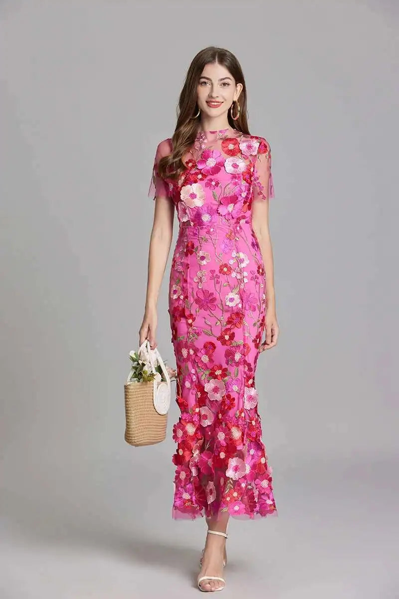 French Luxury 3D Flower Fishtail Lace Prom Dress – Women's Summer Short Sleeve Midi Evening Dress