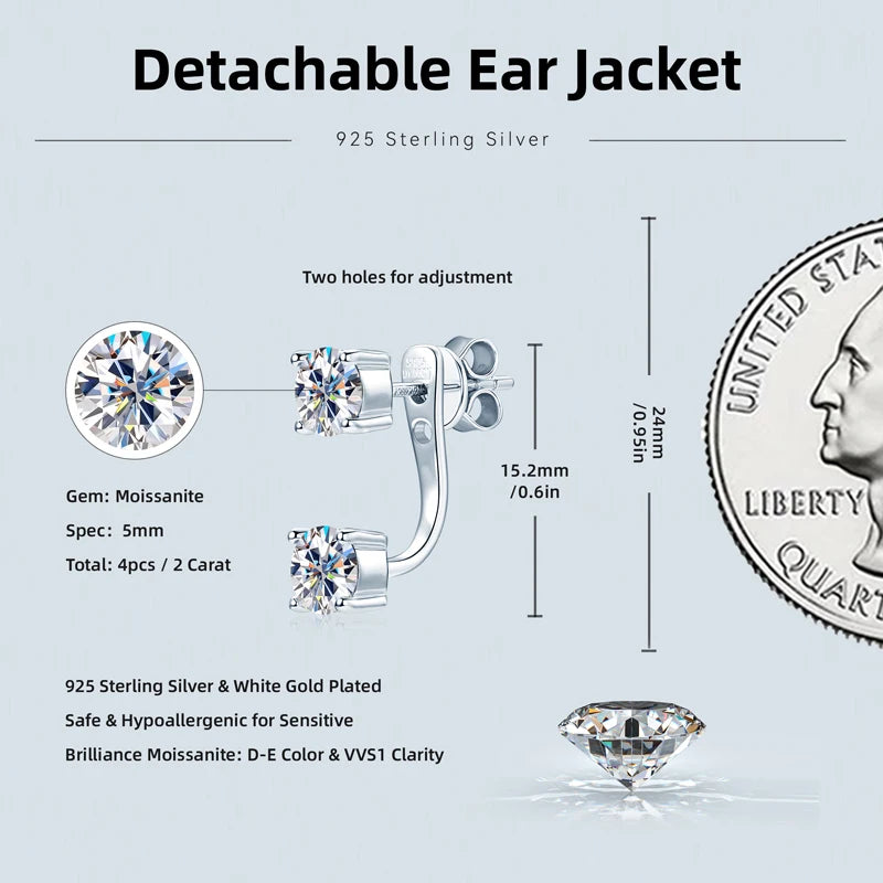 Lnngy Original 925 Sterling Silver Earrings Front Back Double Sided 5MM Moissanite Stud Earring For Women 2 in 1 Pierced Jewelry