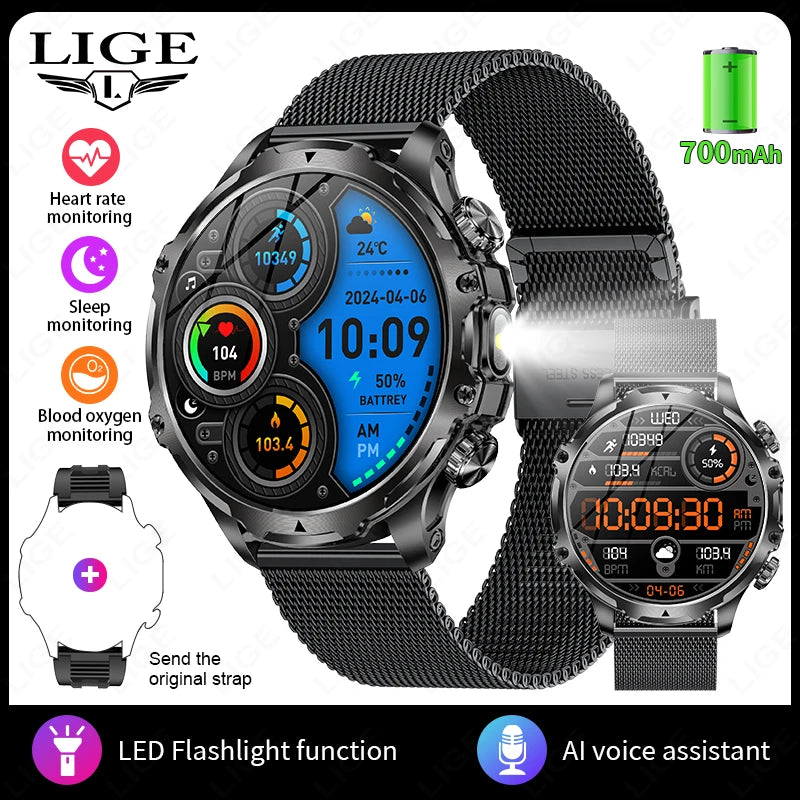 LIGE New 1.9" AMOLED 416*416 Screen Smart Watches Flashlight Outdoors Sports Fitness Tracker 700mah Large Battery Men Smartwatch