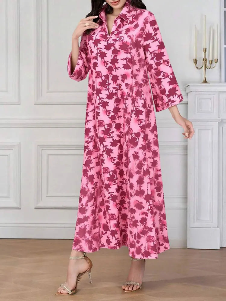 Rafiah Women's Dresses Summer Comfortable 2025 Full Print Casual Long Sleeve Shirt Collar A-Line Midi Vacation Long Dresses