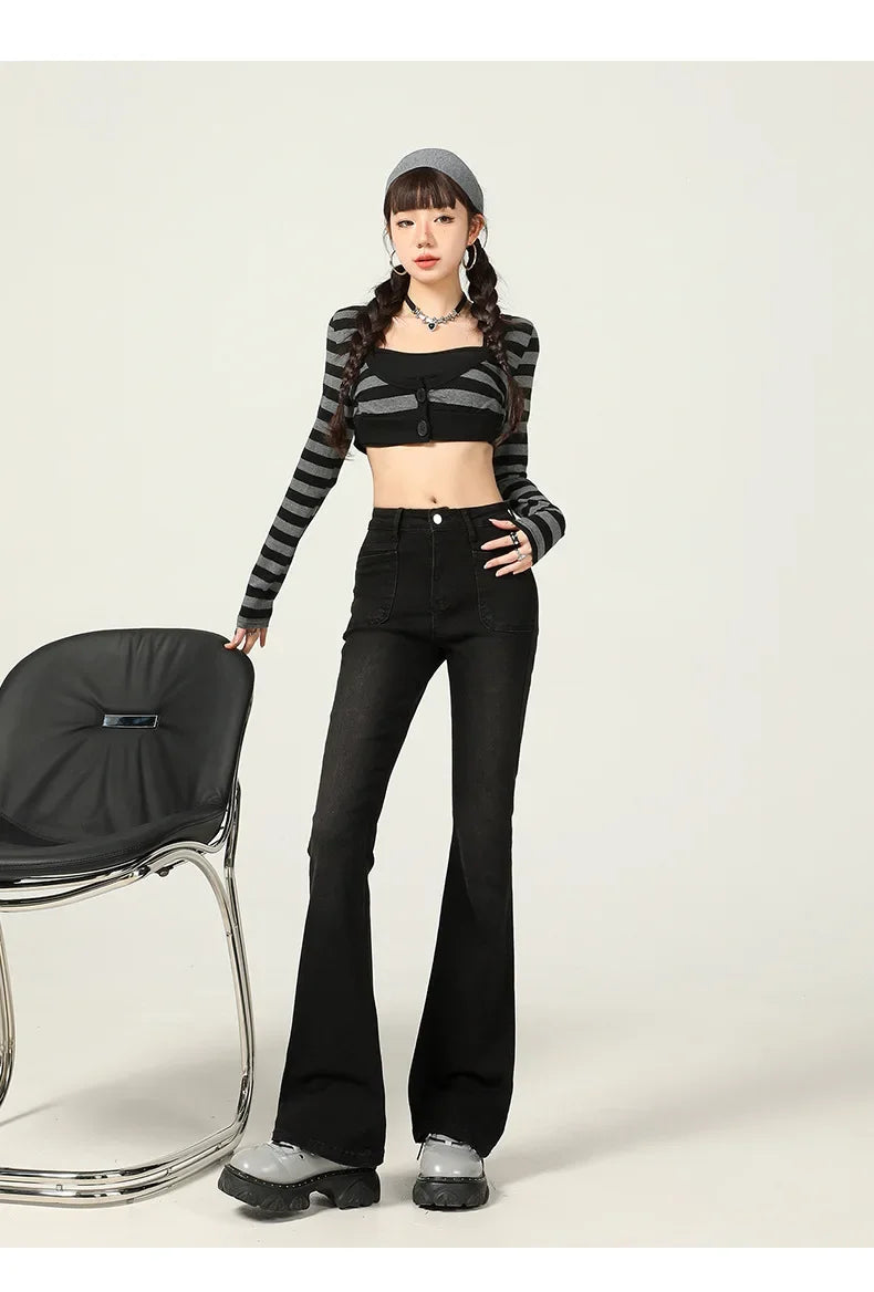American Style Vintage Jeans Women's Slim Fit High Street Bootcut Pants 2024 Autumn Winter Slimming Petite Bootcut Trousers