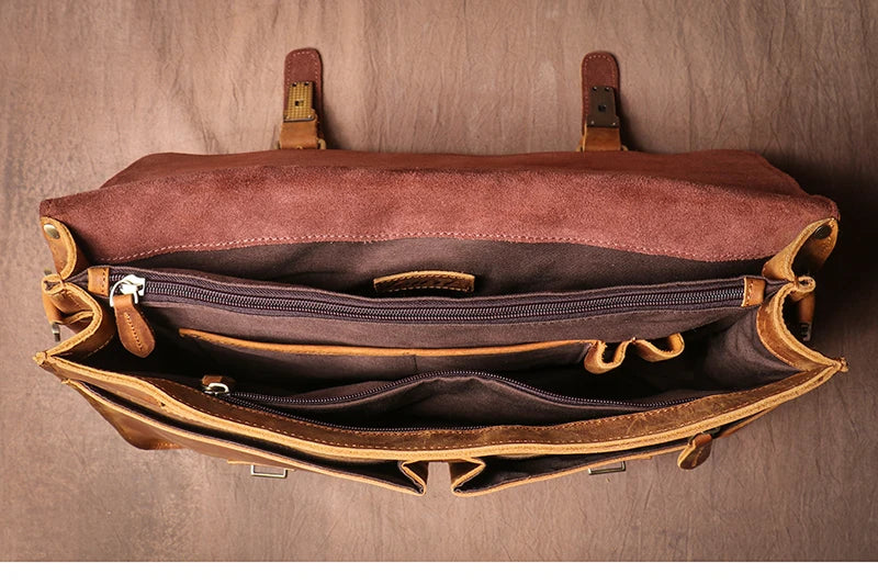 LUOKIR Vintage Crazy Horse Briefcase Travel Genuine Leather Handbag Luxury Men's Messenger Computer Shoulder Bag 14 Inch Laptop