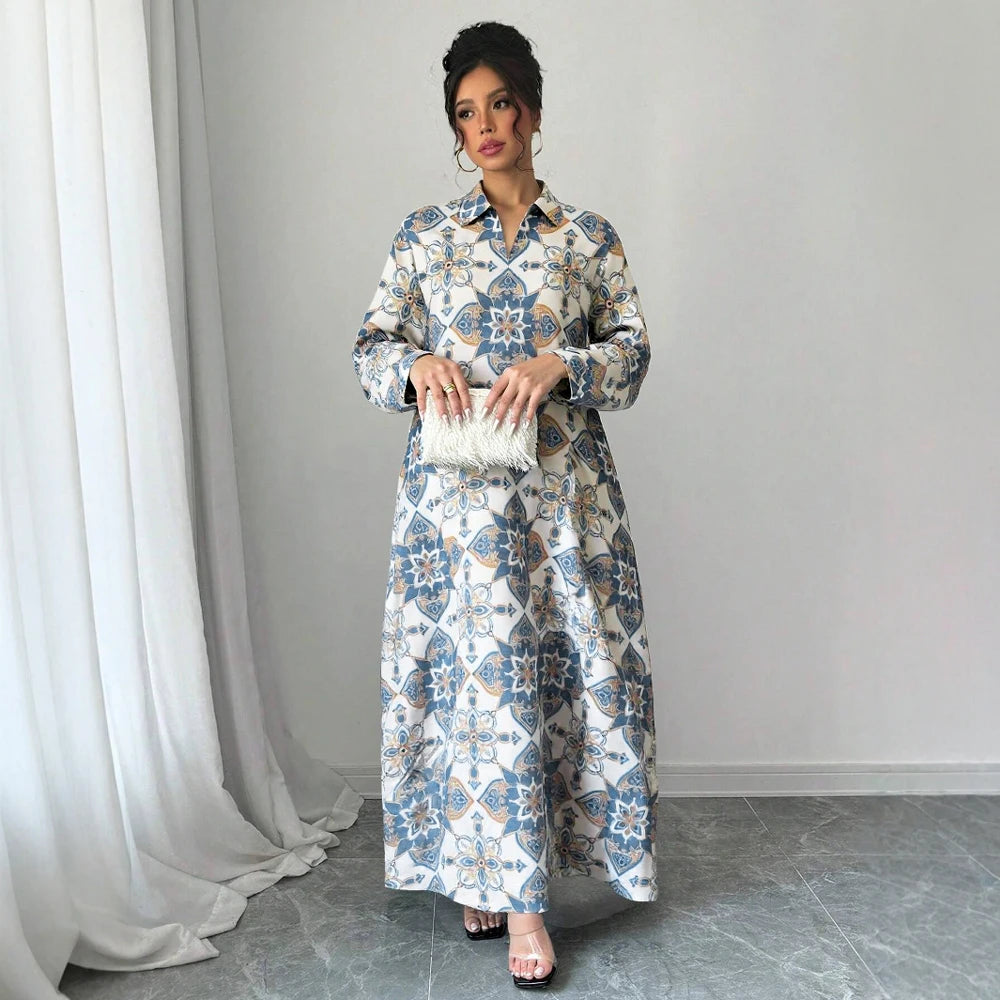 Rafiah Women's Summer Long Dress 2025 Arabian Dress Traditional Long Sleeve V-Neck A-Line Maxi Full Print Casual Dress
