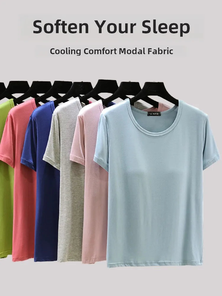 Loose Modal T-irt Women's Spring Summer round Ne ort Sve Built-In Bra Large Size Base irt Casual Sle Summer Top
