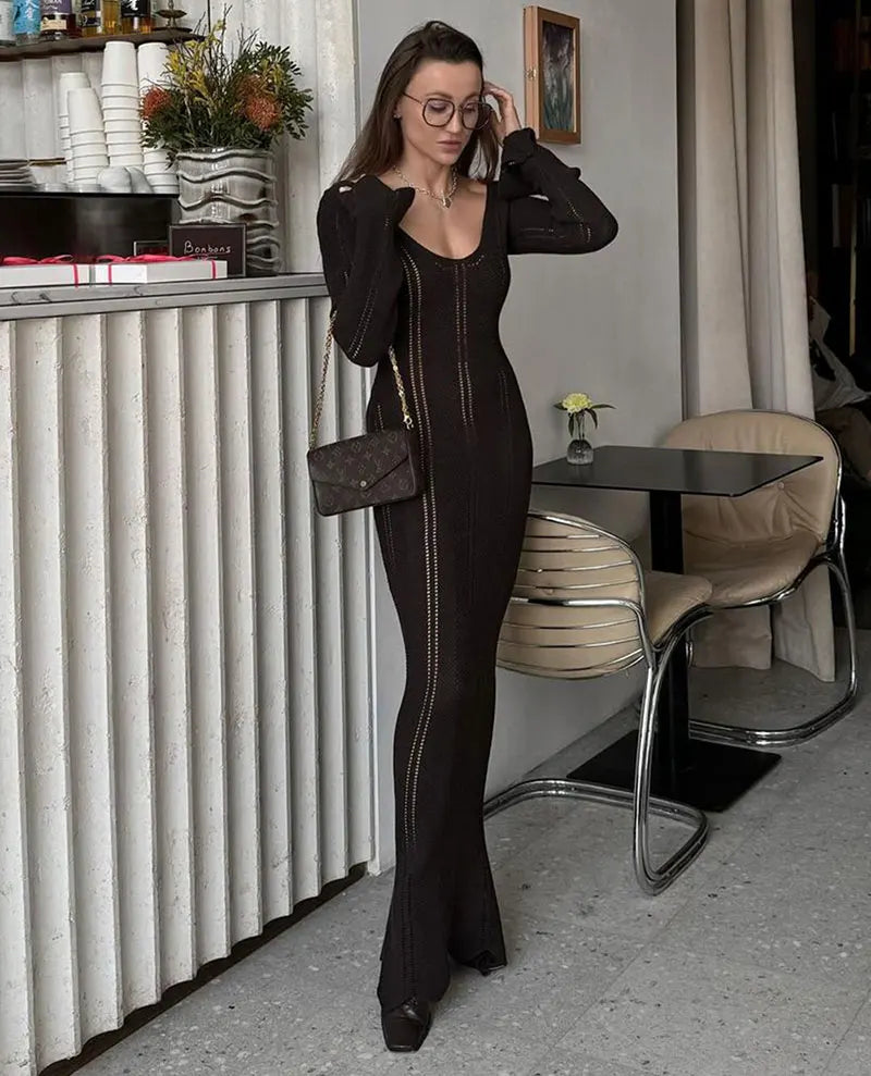 Knitted Hollow Out Maxi Dress – Women's Long Sleeve Off Shoulder Slim Fit.White/Black