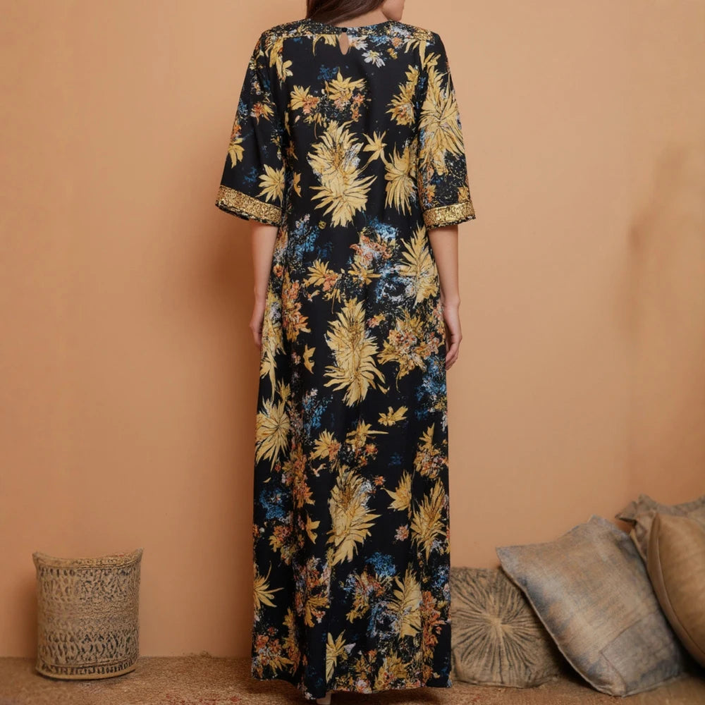Rafiah Women's Arabian Dress Autumn Winter 2025 Women's Traditional Opulent Full Print Short Sleeve V-Neck Flowy Hem Long Dress