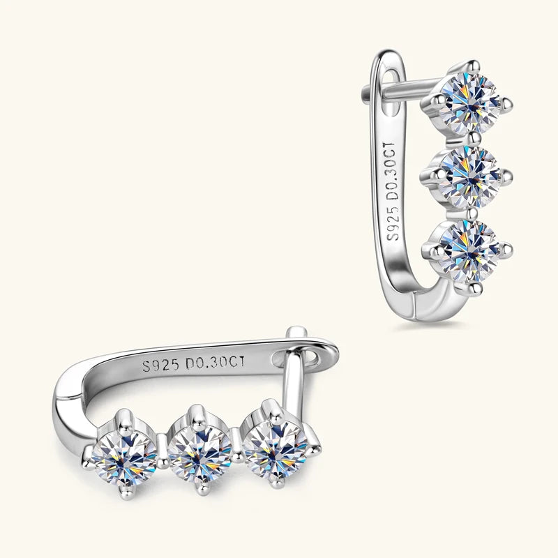 Lnngy Korean INS 3mm Three Stone Moissanite Earrings For Women 925 Sterling Silver U-Shaped Earrings Hoop Pendientes Jewelry