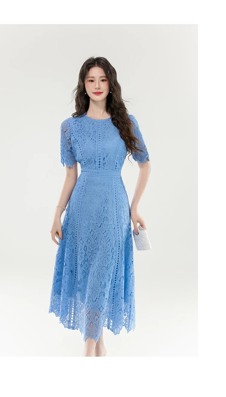 2025 New Summer French Elegant Fashion Evening Dress Women Lace Hollow Out Crochet Party Dress Casual Chic Holidays Clothing