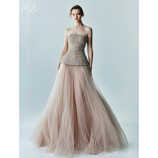 Mila Strapless A-Line Prom Dresses 2025 Sleeveless Tulle Two-Piece Evening Dresses Floor-Length Diamond Customized Party Dresses