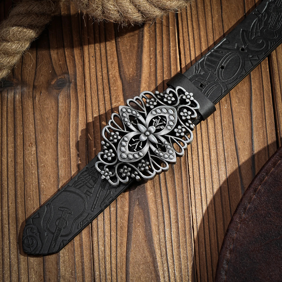 Western denim PU Belt - men's decorative printed carved denim waistband
