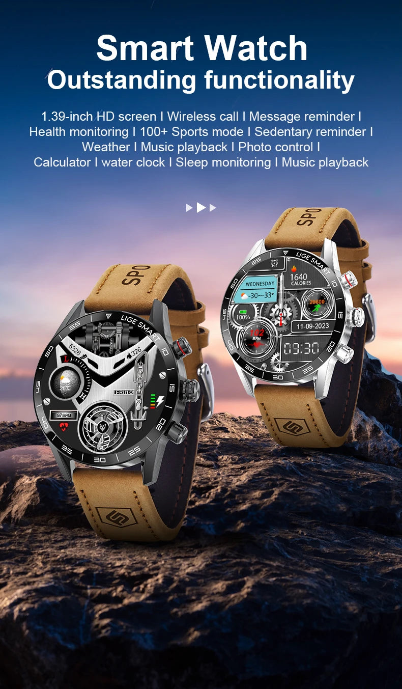 LIGE 2025 New Rugged Military Sports Smart Watch Men 1.39” HD Screen Heart Rate Bluetooth Call Waterproof Outdoor Men SmartWatch