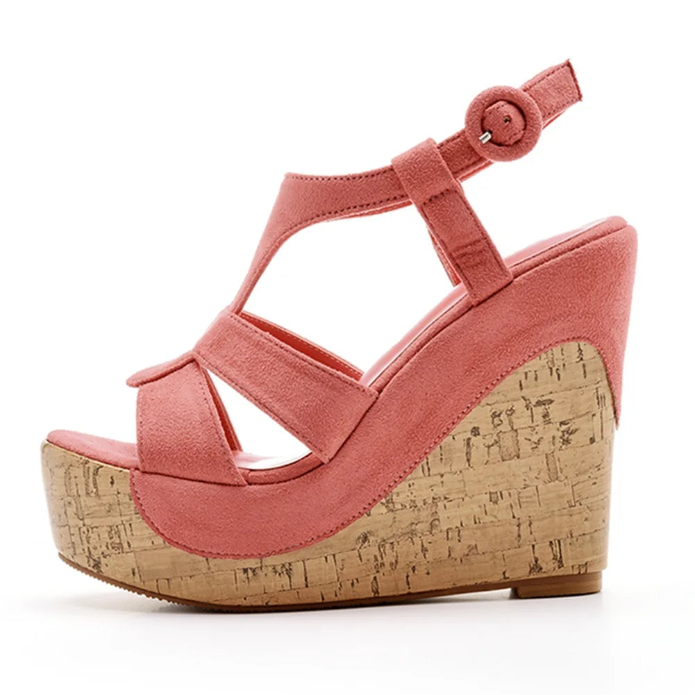 Women’s Summer Flock Sandals – 12CM Wedge Heels with Buckle Strap, White