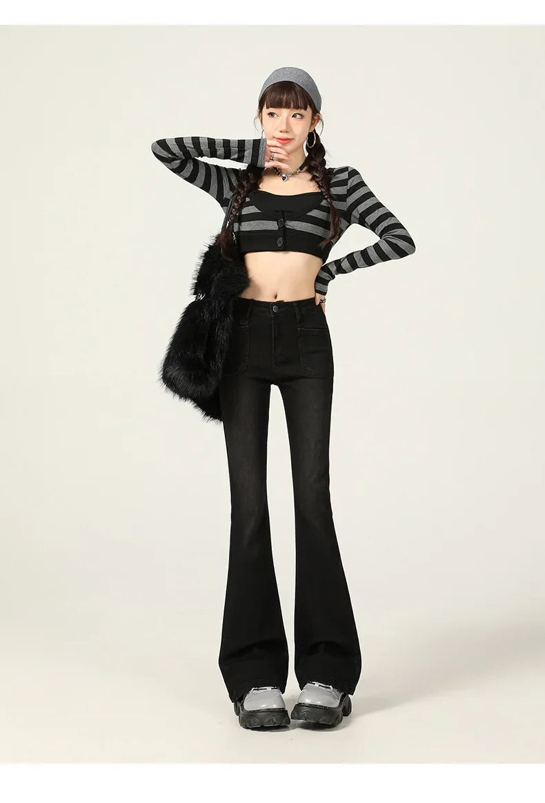 American Style Vintage Jeans Women's Slim Fit High Street Bootcut Pants 2024 Autumn Winter Slimming Petite Bootcut Trousers