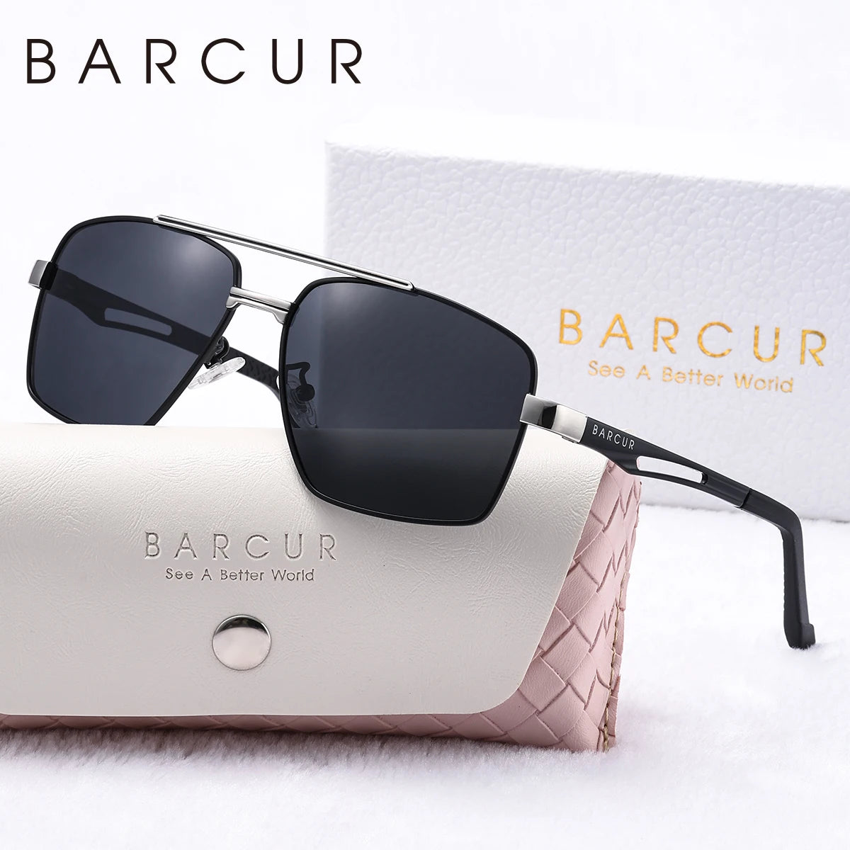 BARCUR Luxury Brand Square Men Polarized Sunglasses Stainless Steel Frame Metal Spring Feet Comfort Outdoor Activities Glasses