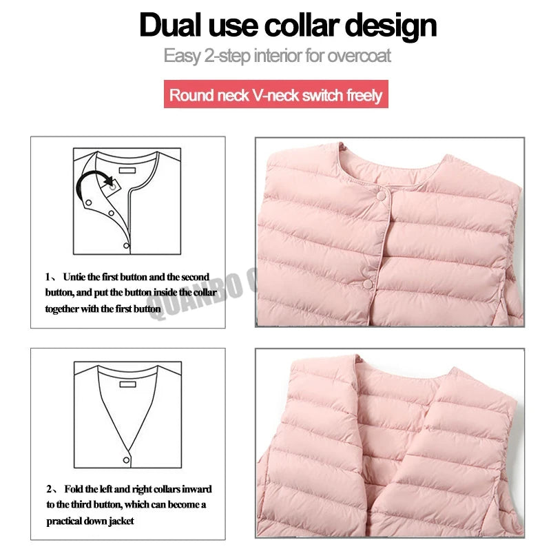 Women Sleeveless Puffer Vest Women's Ultra Light Down Vest Women Two Ways Waistcoat Portable Warm Sleeveless Winter Liner