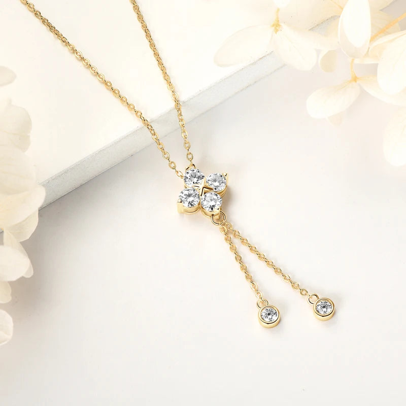 Lnngy Niche Light Tassel Pendant Moissanite Necklace 925 Sterling Silver Four-leaf Flower Necklaces for Women 2024 Trend Jewelry