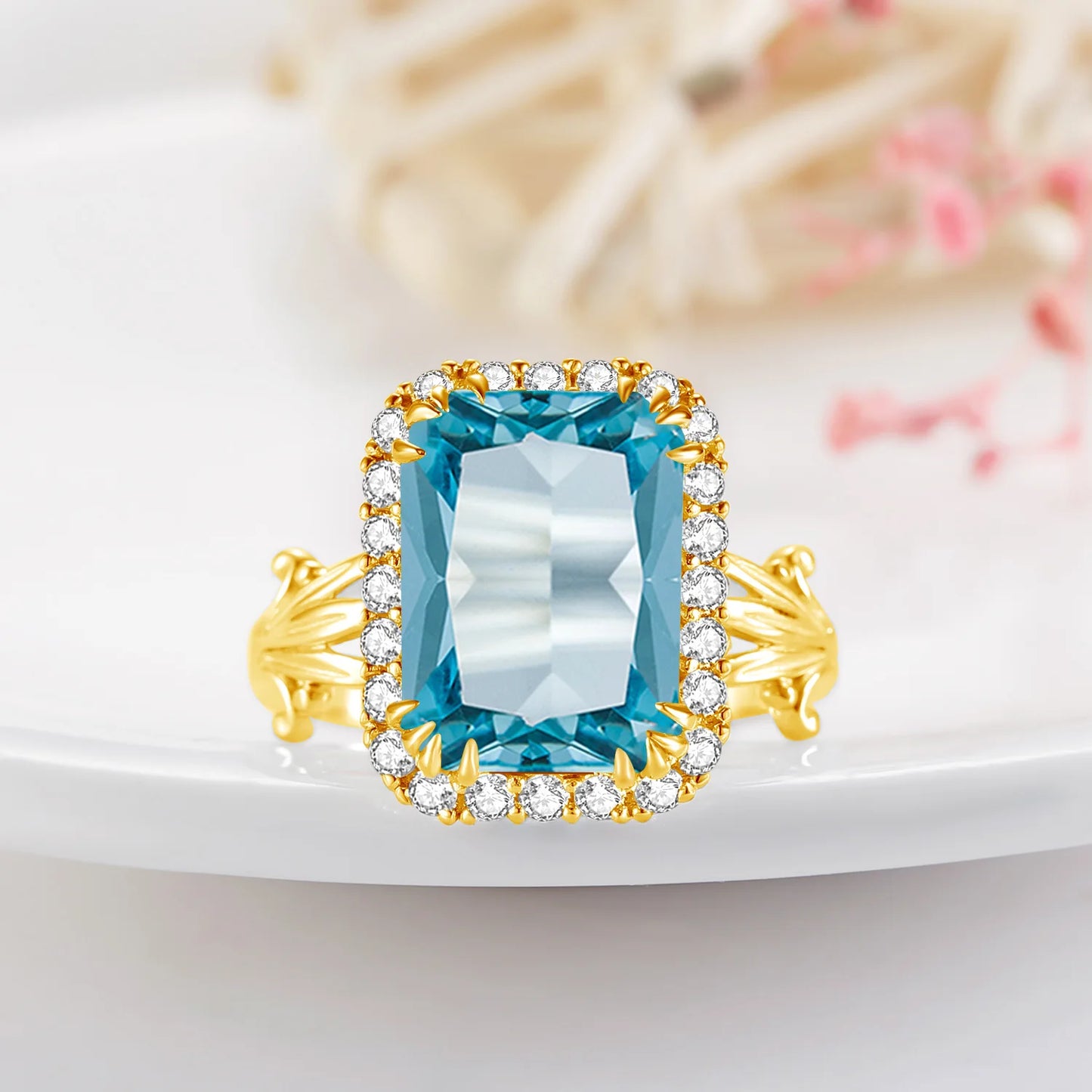 Szjinao High Quality Woman Ring 925 Sterling Silver Aquamarine Rings Gold Plated Luxury Elegant Banquet Party Fine Jewelry
