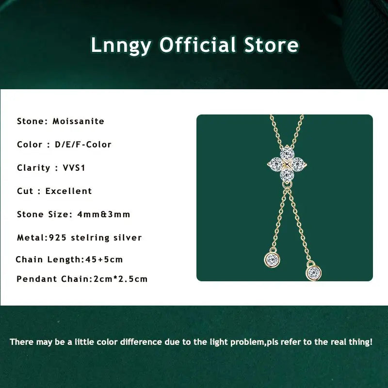Lnngy Niche Light Tassel Pendant Moissanite Necklace 925 Sterling Silver Four-leaf Flower Necklaces for Women 2024 Trend Jewelry