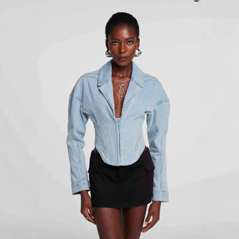 FMIYYOY Design sense women's fishbone denim jacket women's 25 spring new style high-end design sense short top regular style