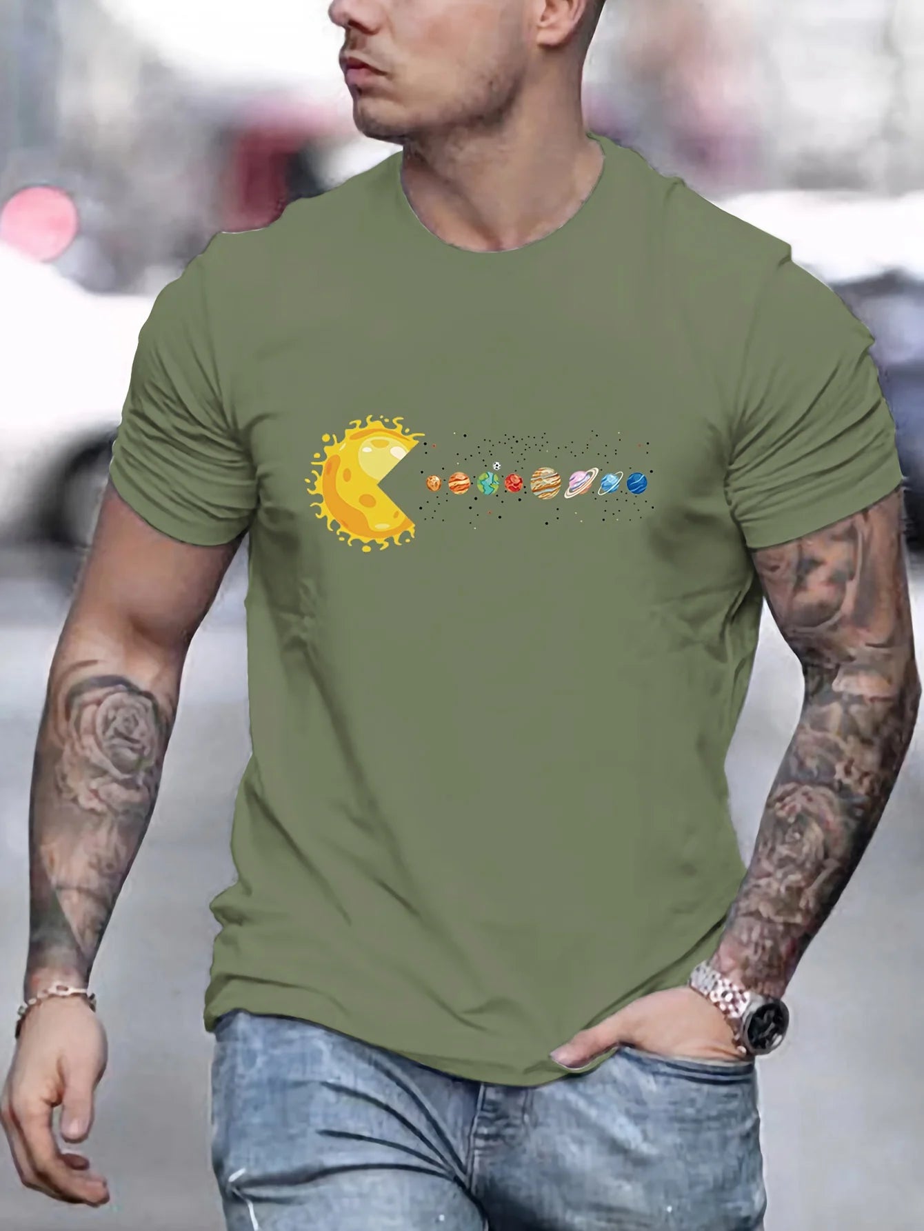Men's 100% pure cotton summer loose and comfortable casual pac man style sun planets 🪐 eaten printed round neck short sleeved T-shirt top