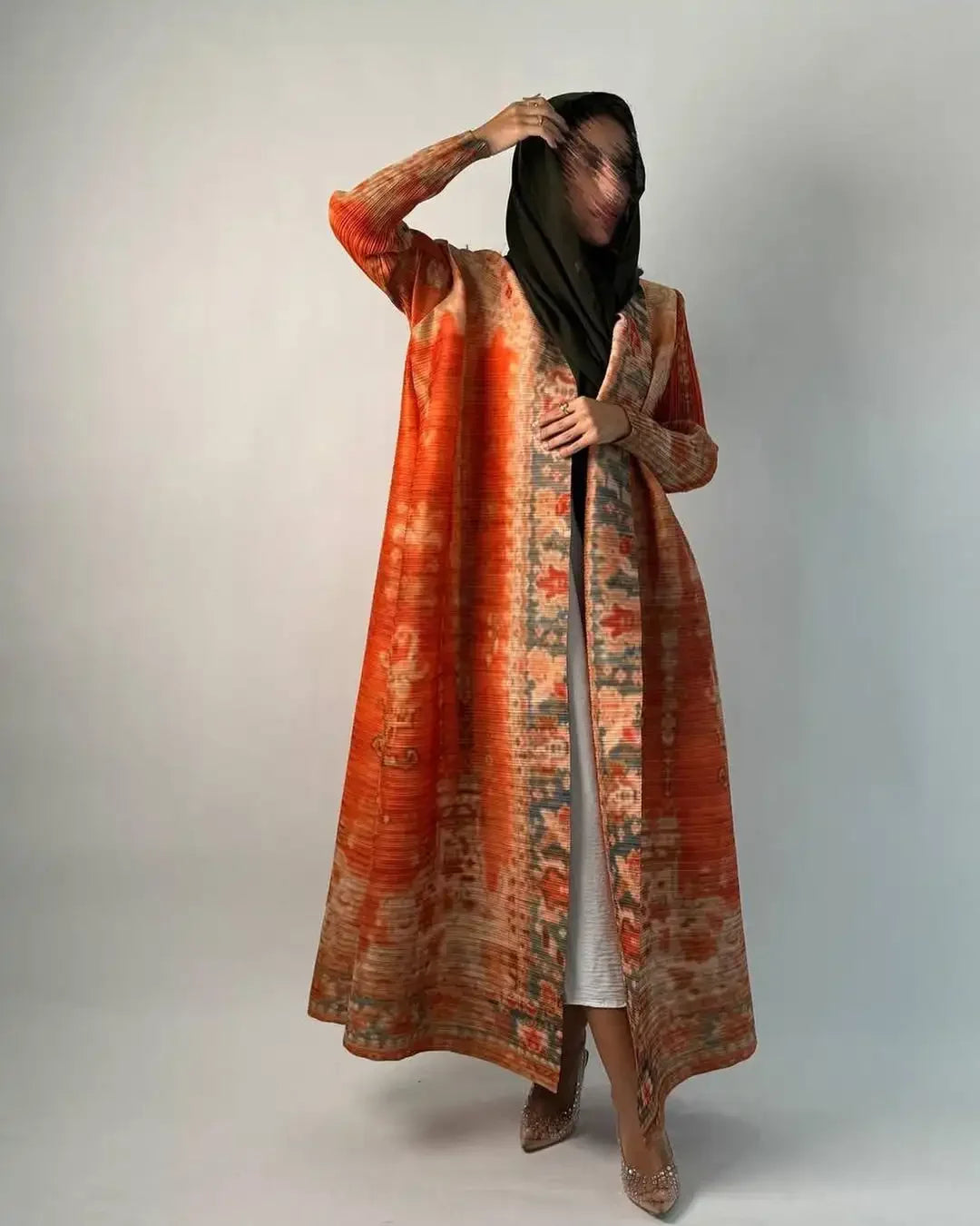 KAF Pleated Women Trench Coat Vintage Printed Cardigan Design Loose Plus Size Women Long Dress Dubai Female Luxury Abaya 2024