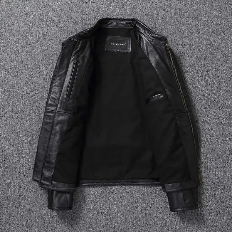 Men's Natural Leather Jacket First Layer Calfskin Stand Collar Motorcycle Jacket Retro Brown Cowhide Jacket Men‘s Biker Clothes