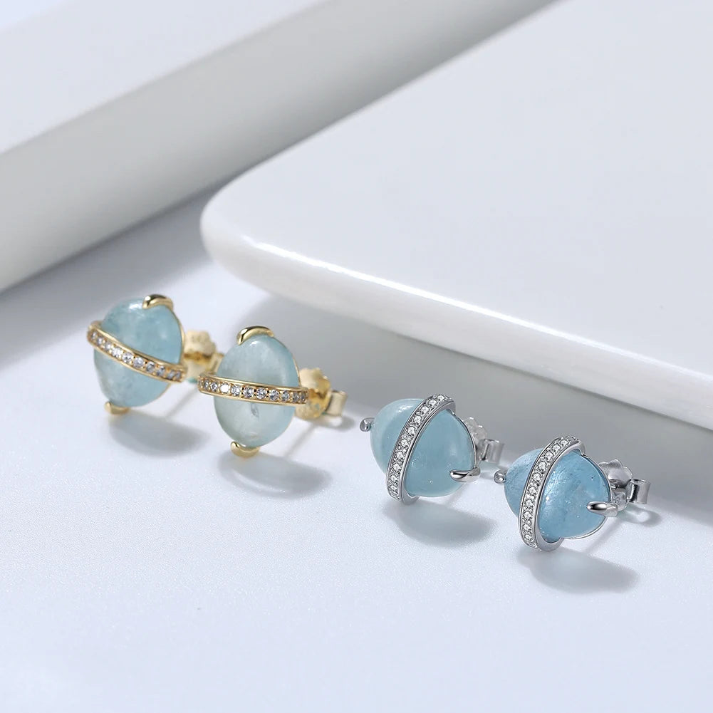 ORSA JEWELS 925 Sterling Silver Natural Aquamarine Earrings Necklace Ring Set 14K Gold Plated for Women Jewelry Sets Gift SSGM04