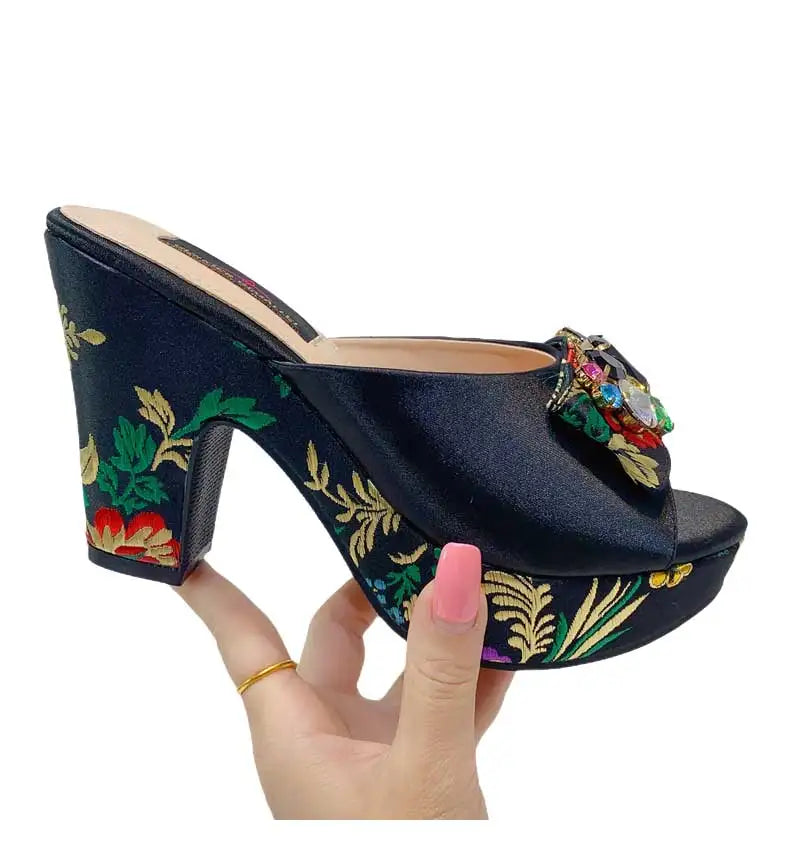 Gladiator Sandals & Bag Set – Green Rhinestone Embroidery, High Heel Party Shoes
