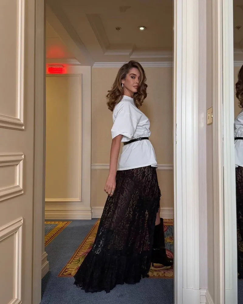 Shestyle Lace Transparent Long Skirts for Women Asymmetrical Floral Ruffles Summer 2025 Nre Stylish Outfits Holiday Slit Elegant