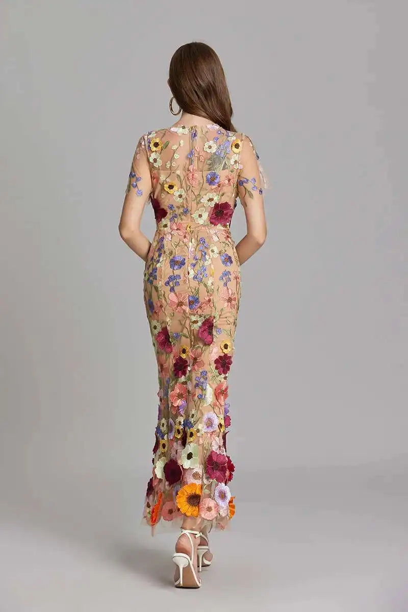 French Luxury 3D Flower Fishtail Lace Prom Dress – Women's Summer Short Sleeve Midi Evening Dress