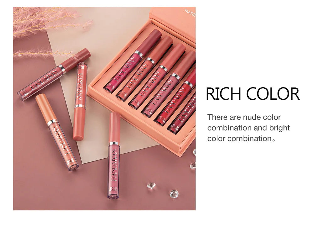 HANDAIYAN 6 Shade Lipstick Set Matte Finish Liquid Lip Gloss Waterproof Long Lasting No Smudge Vegan Beauty