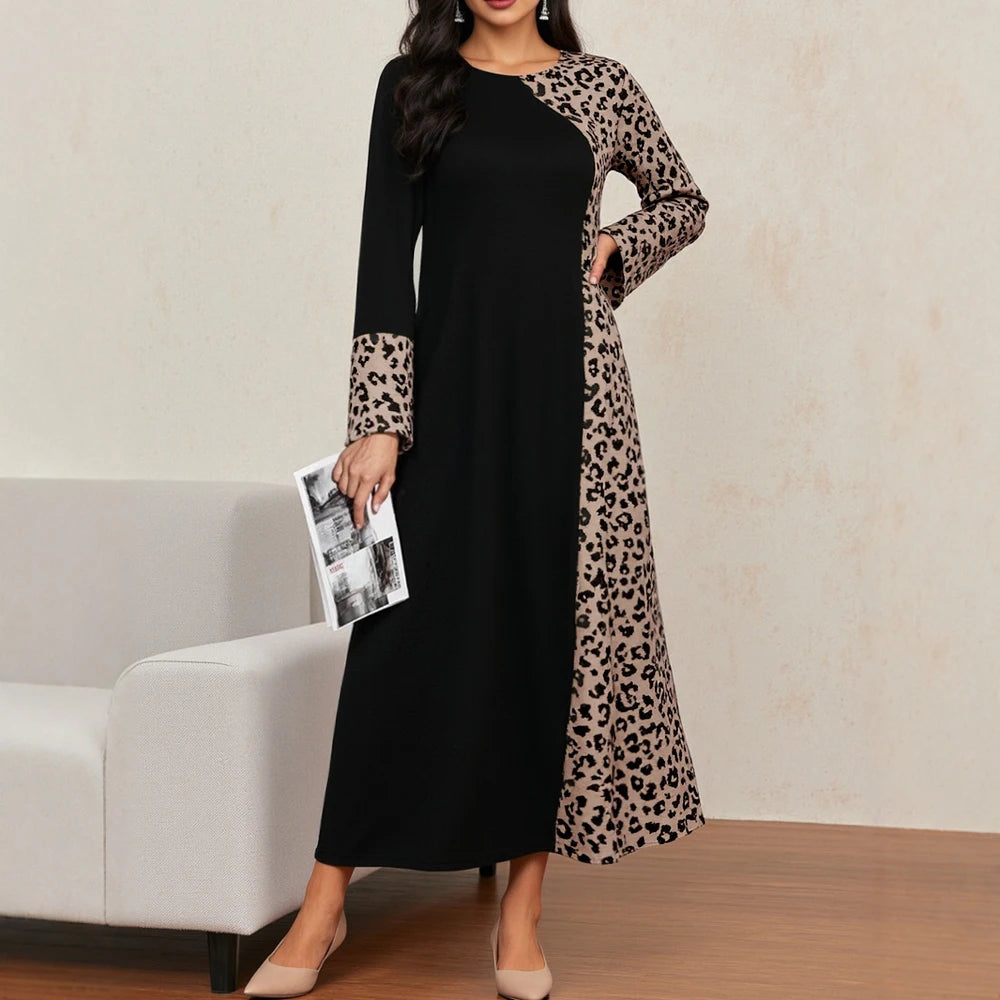 Rafiah Summer Long Dresses 2025 Modest Fashion Leopard Print Patchwork Long Sleeve Crew Neck Midi Shift Dresses For Women