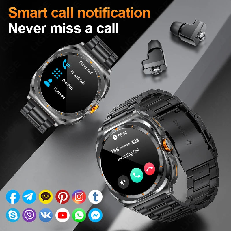 LIGE New Smart Watch With 2 in 1 TWS Wireless Headset Bluetooth Call 1.53" AMOLED Screen 400mAh IP67 Waterproof Sport Smartwatch