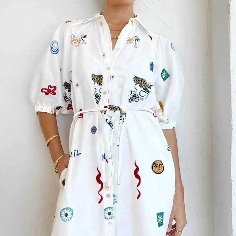 Rafiah Women's Summer Arabian Dress Comfortable Full Print Single Breasted Lace-Up Puff Sleeve Shirt Collar Midi Casual Arabian