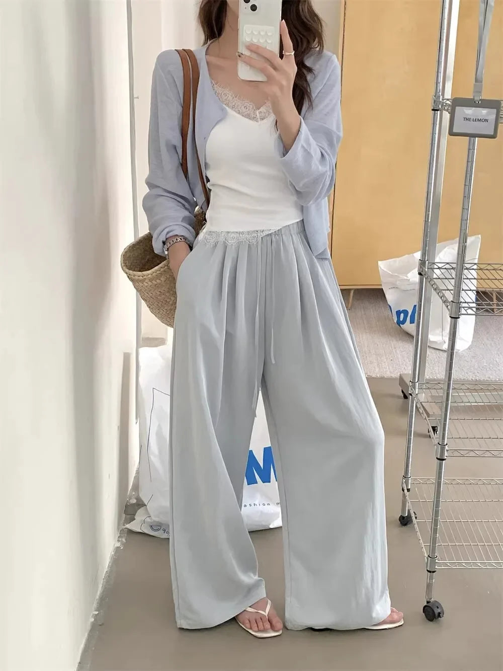 Slimming Wide Leg Cotton Linen Loose Fit Thin High Waist Casual Solid Color Summer Trousers for Women Elegant Drapey Style