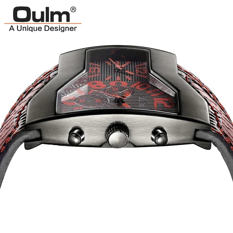 Oulm 1220 Luxury Brand Watch Retro Design Male Sport Wristwatch Leather Strap Watches Men's Two Time Zone Big Dial Quartz Clock