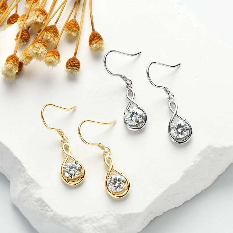 Lnngy 1.0ct Round Moissanite Dangle Hook Earring 925 Sterling Silver Ladies Light Luxury Earring for Women Fashion Jewelry Gift