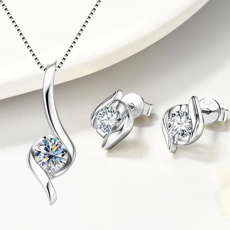 Sterling Silver 925 Real Moissanite Jewelry Set for Women 2.0ctw D Color Lab Diamond Stud Earrings Pendant Necklace Sets Gift