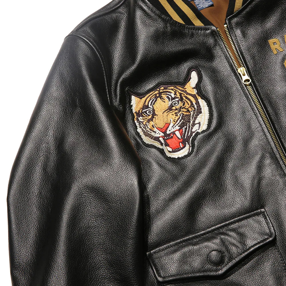 Men's top quality stand collar real leather jacket baseball tiger embroidery Fashion leisure first layer cowhide leather coat