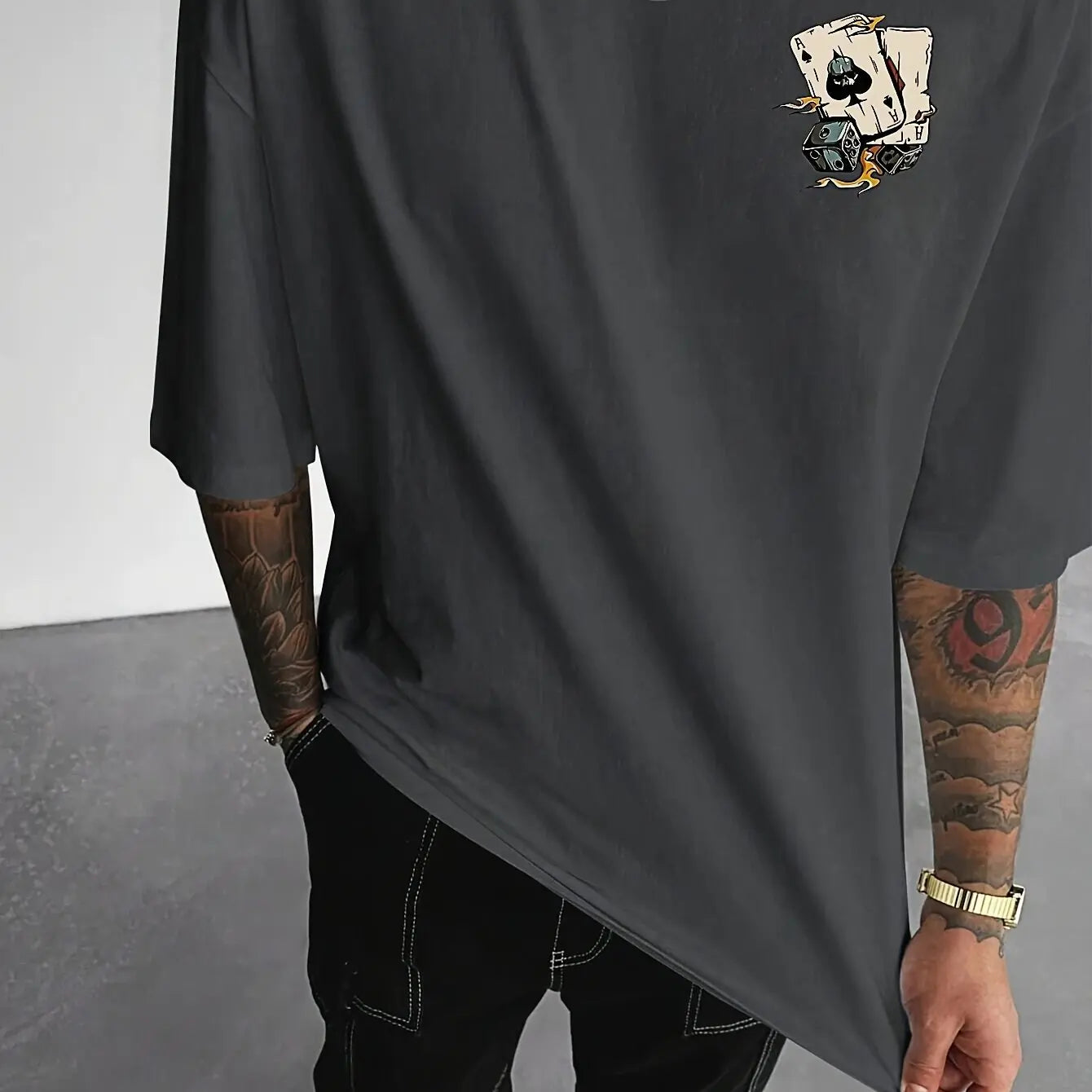 Men's summer 100% pure cotton fashionable casual loose spade a and dice printed round neck short sleeved T-shirt top