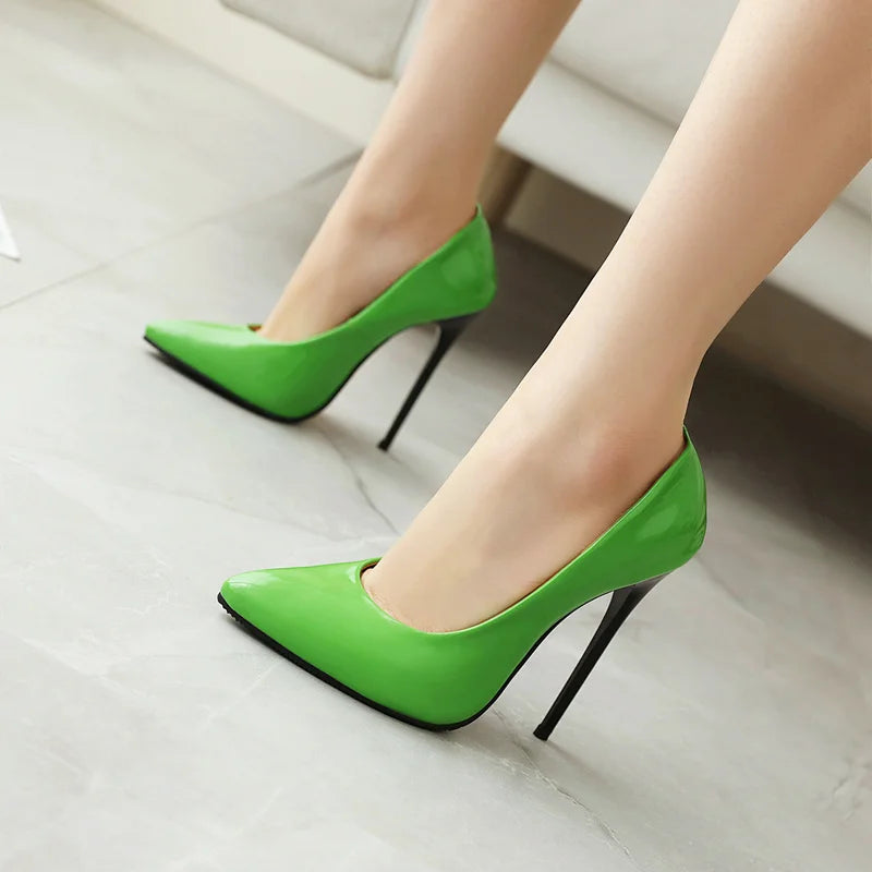 Women’s Pumps Classic Sexy Thin High Heels 12cm Patent Leather Stiletto Pointed Toe Party Elegant Office Shoes Big Size 34-48
